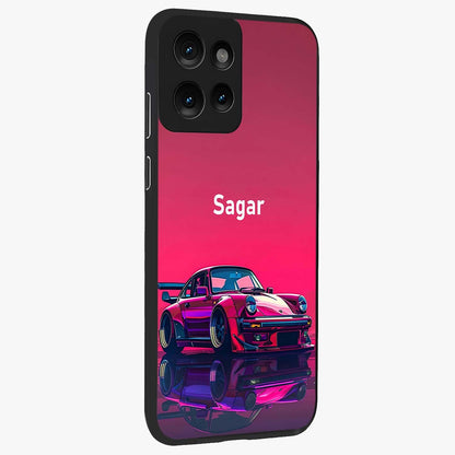 Neon Pink Porsche Glass Case upright view showcasing vibrant sports car artwork with bold automotive theme.