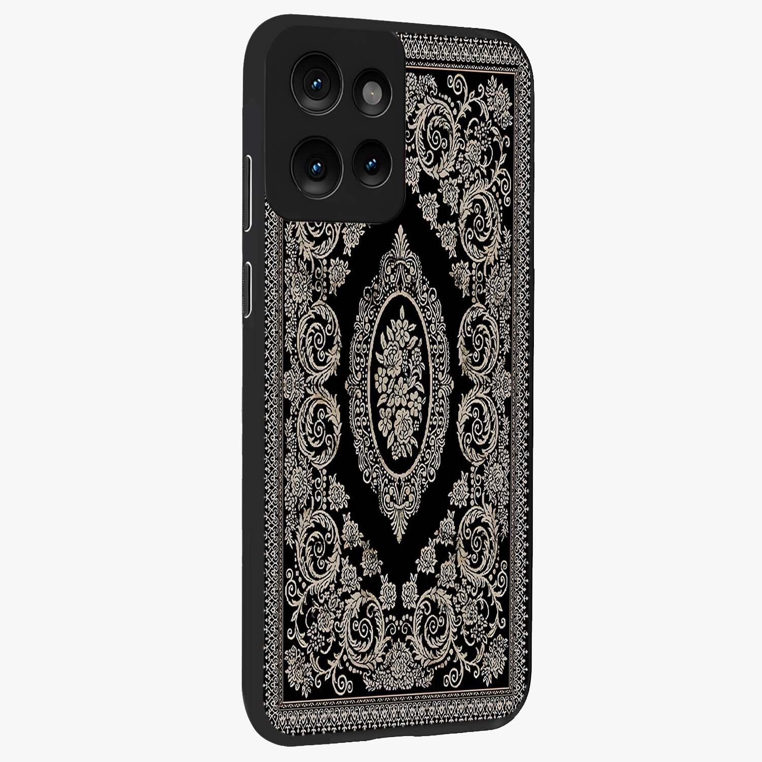 Noir Bloom Elegance Glass Case upright view showcasing graceful floral artwork with luxurious dark theme.
