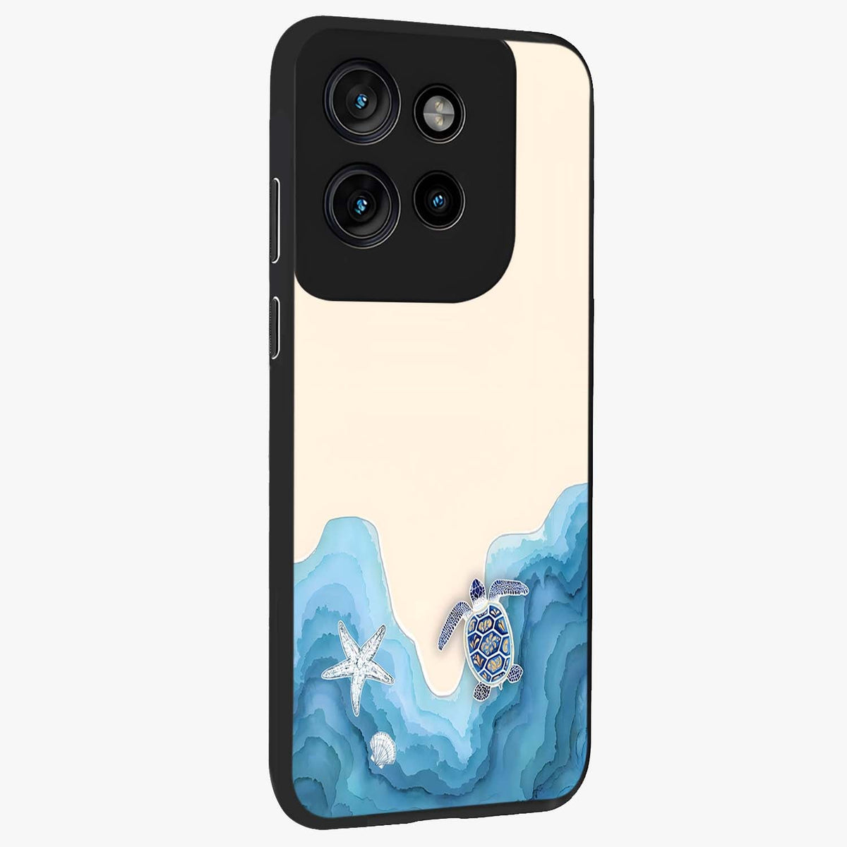 Ocean Drift Turtle Glass Case upright view showcasing calm underwater turtle artwork with nature inspired theme.