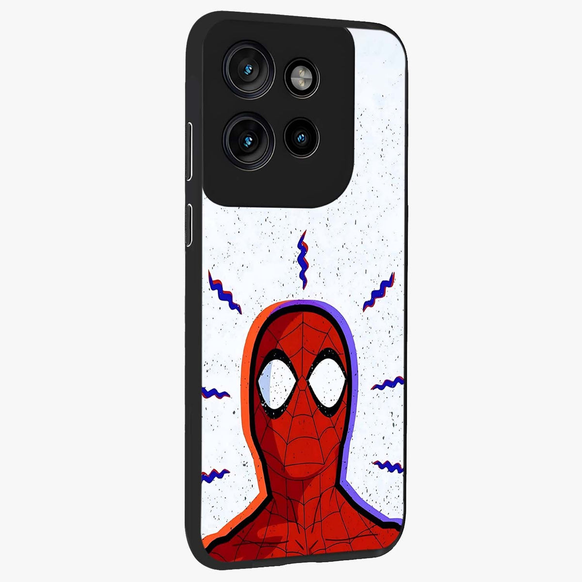 Omg Spiderman Glass Case upright view showcasing energetic superhero artwork with vibrant comic theme.