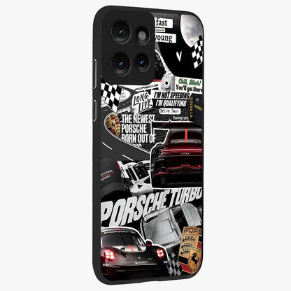 Porsche Racing Collage Glass Case upright view showcasing energetic car collage artwork with high speed racing theme.