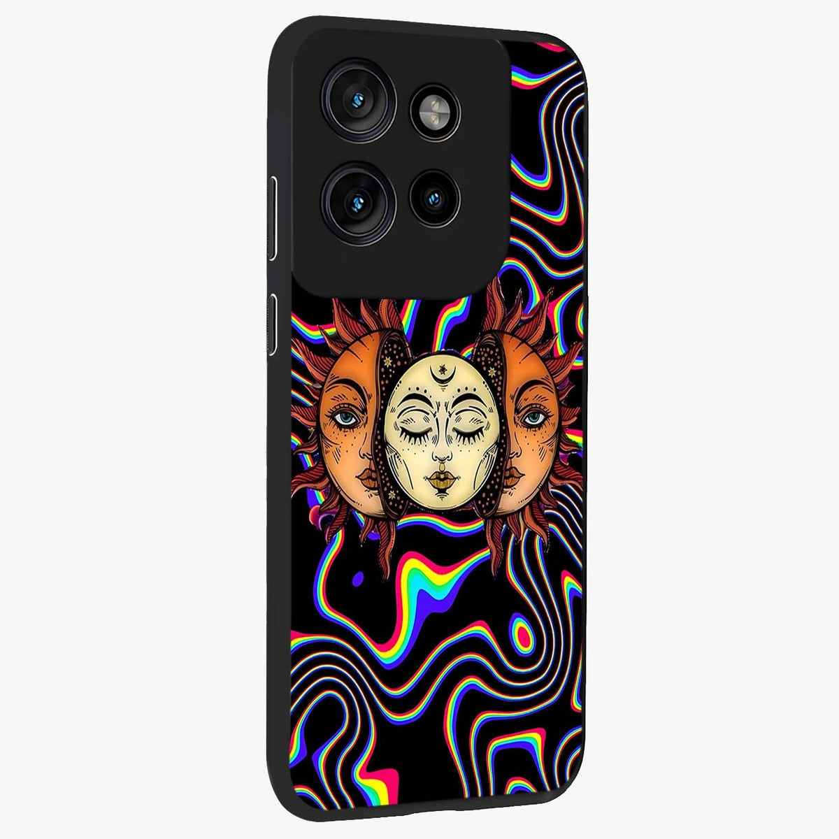 Psychedelic Sun Glass Case upright view showcasing trippy sun artwork with bold psychedelic theme.