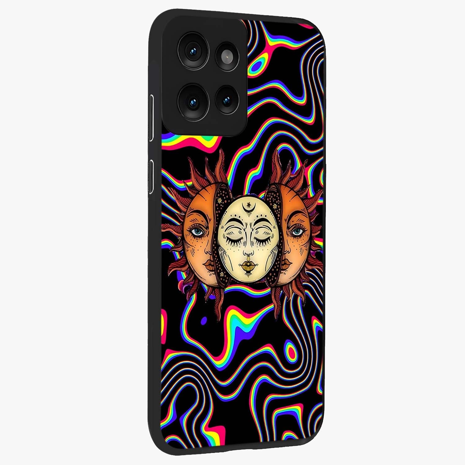 Psychedelic Sun Glass Case upright view showcasing trippy sun artwork with bold psychedelic theme.