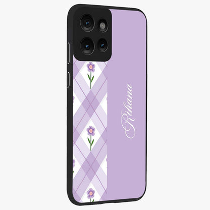 Purple Diamond Floral Glass Case upright view showcasing vibrant floral artwork with stylish geometric theme.