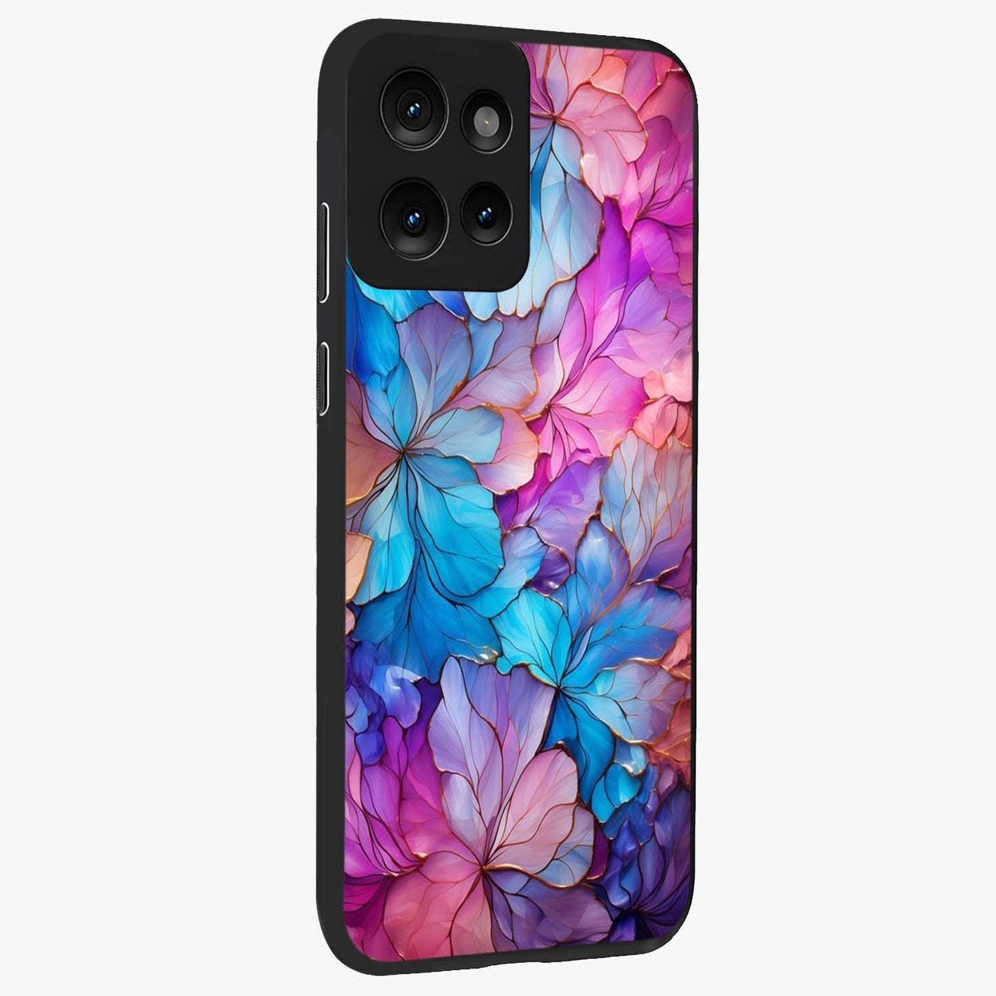 Radiant Floral Whirl Glass Case upright view showcasing lively floral artwork with decorative swirl theme.