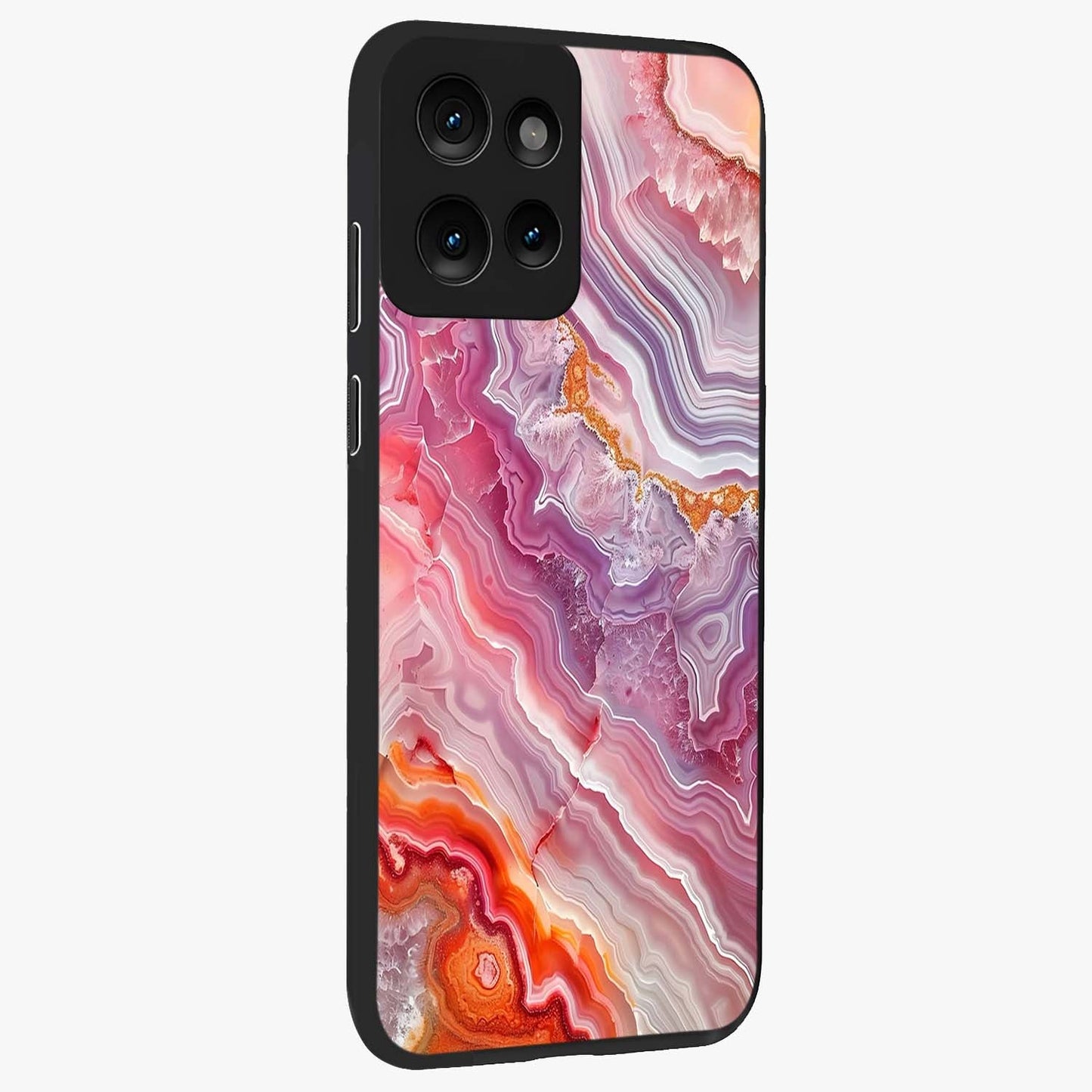 Rose Quartz Marble Glass Case upright view showcasing decorative marble artwork with luxurious pastel theme.