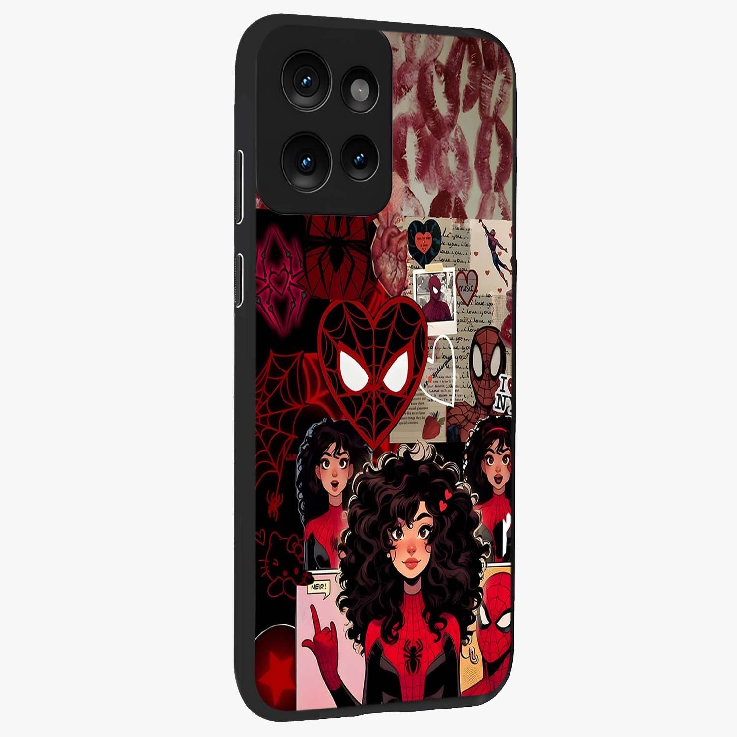 Spider Love Story Glass Case upright view showcasing charming superhero artwork with romantic comic theme.