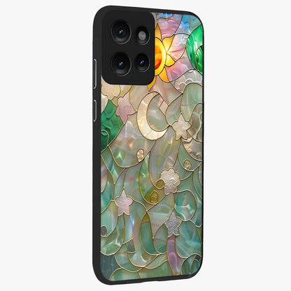 Stained Sunrise Glow Glass Case upright view showcasing colorful sunrise artwork with warm morning theme.