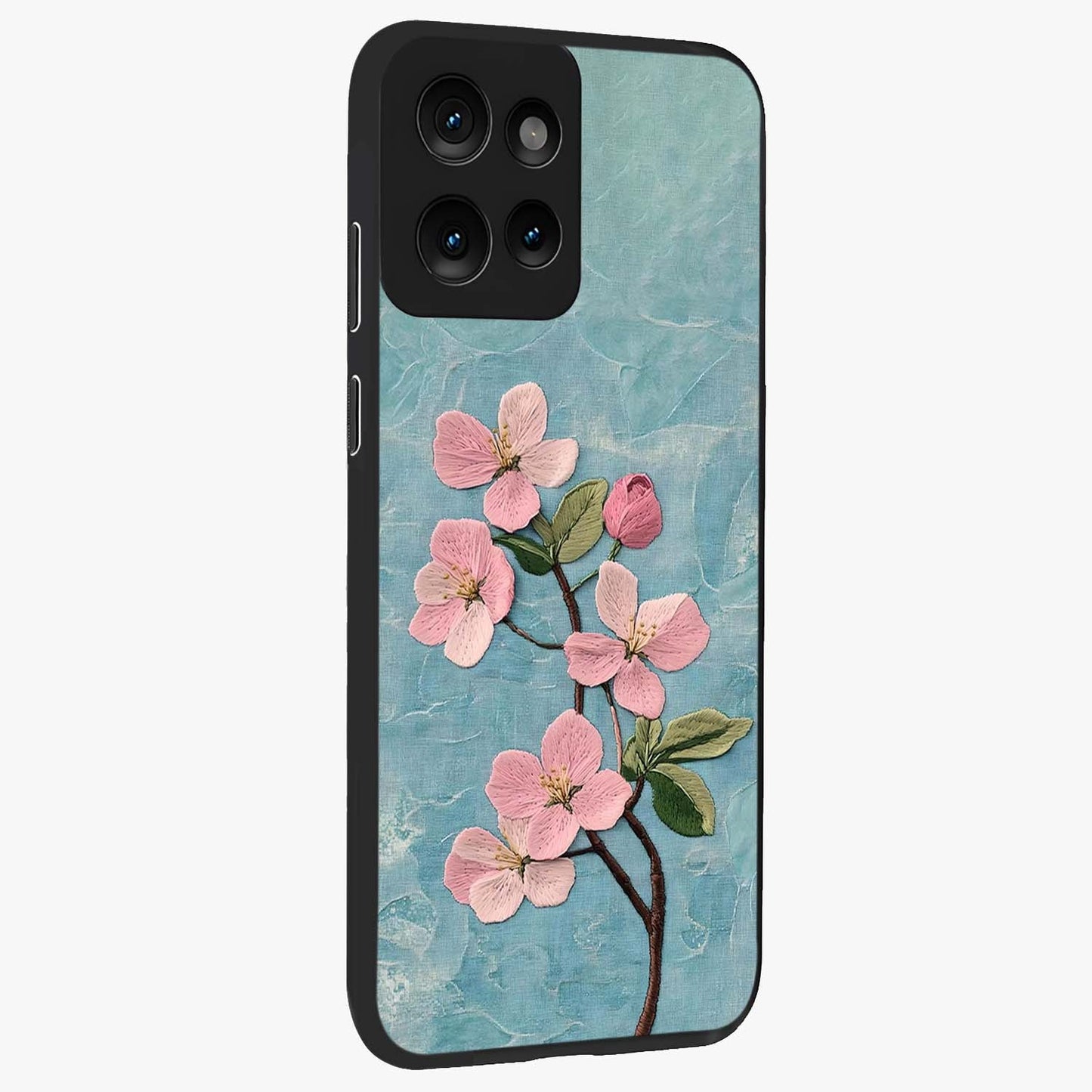 Threaded Blossom Breeze Glass Case upright view showcasing graceful flower artwork with calm botanical theme.