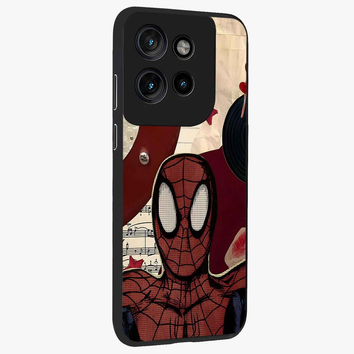Web Warrior Vibes Glass Case upright view showcasing energetic superhero artwork with bold action theme.
