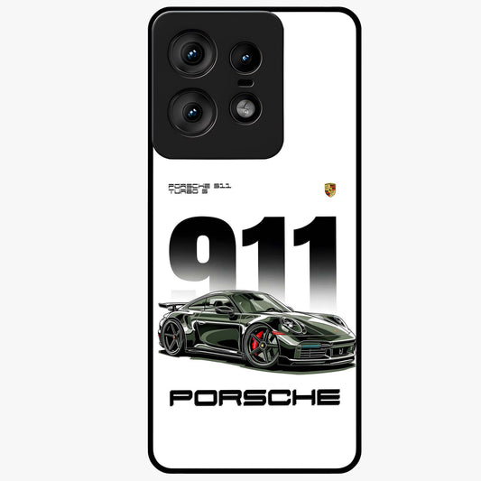 911 Turbo Dominance Glass Case showing clean flat back view with bold 911 sports car artwork and glossy glass finish.