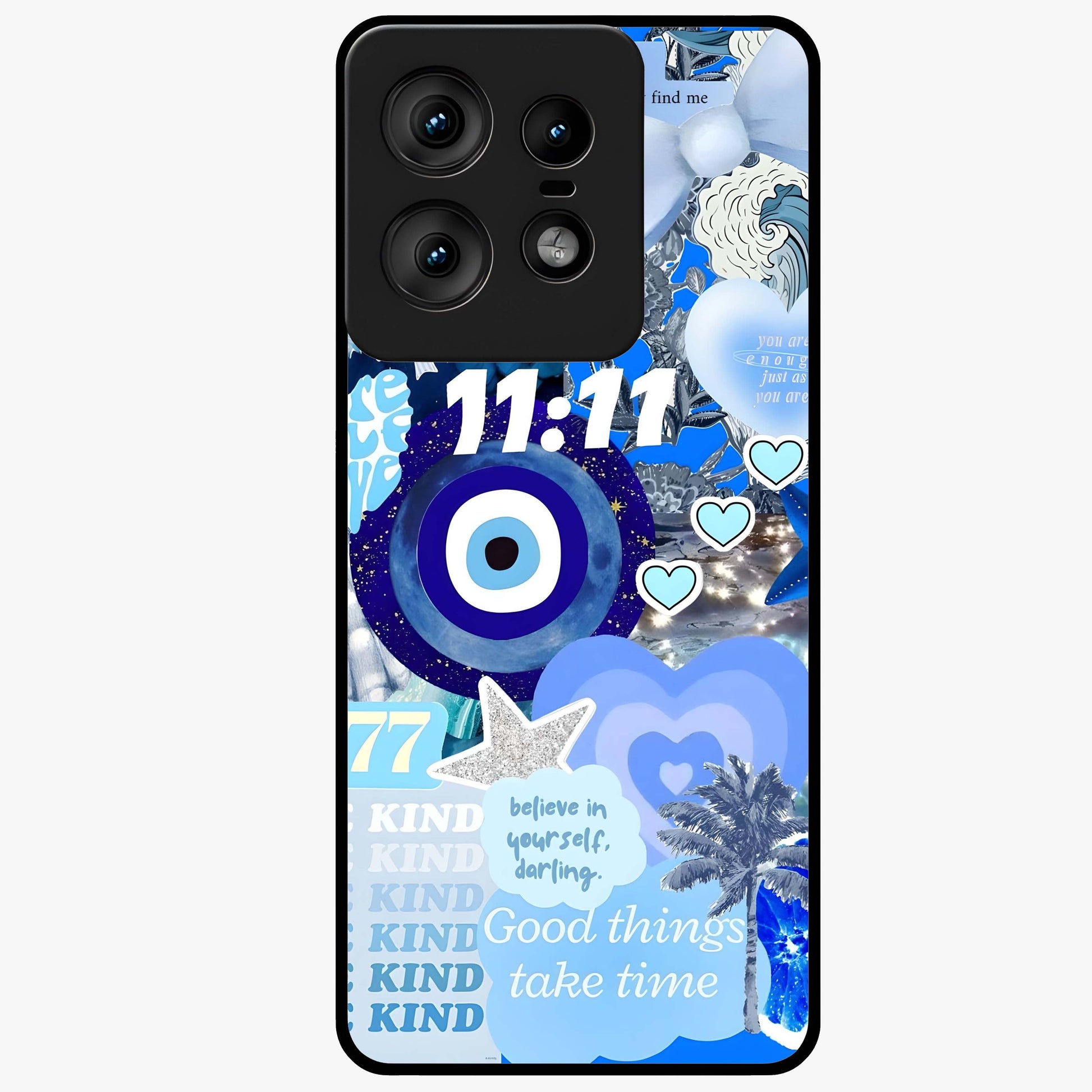 Aesthetic Be Kind Eye Glass Case showing flat back view with motivational eye artwork and glossy glass finish.