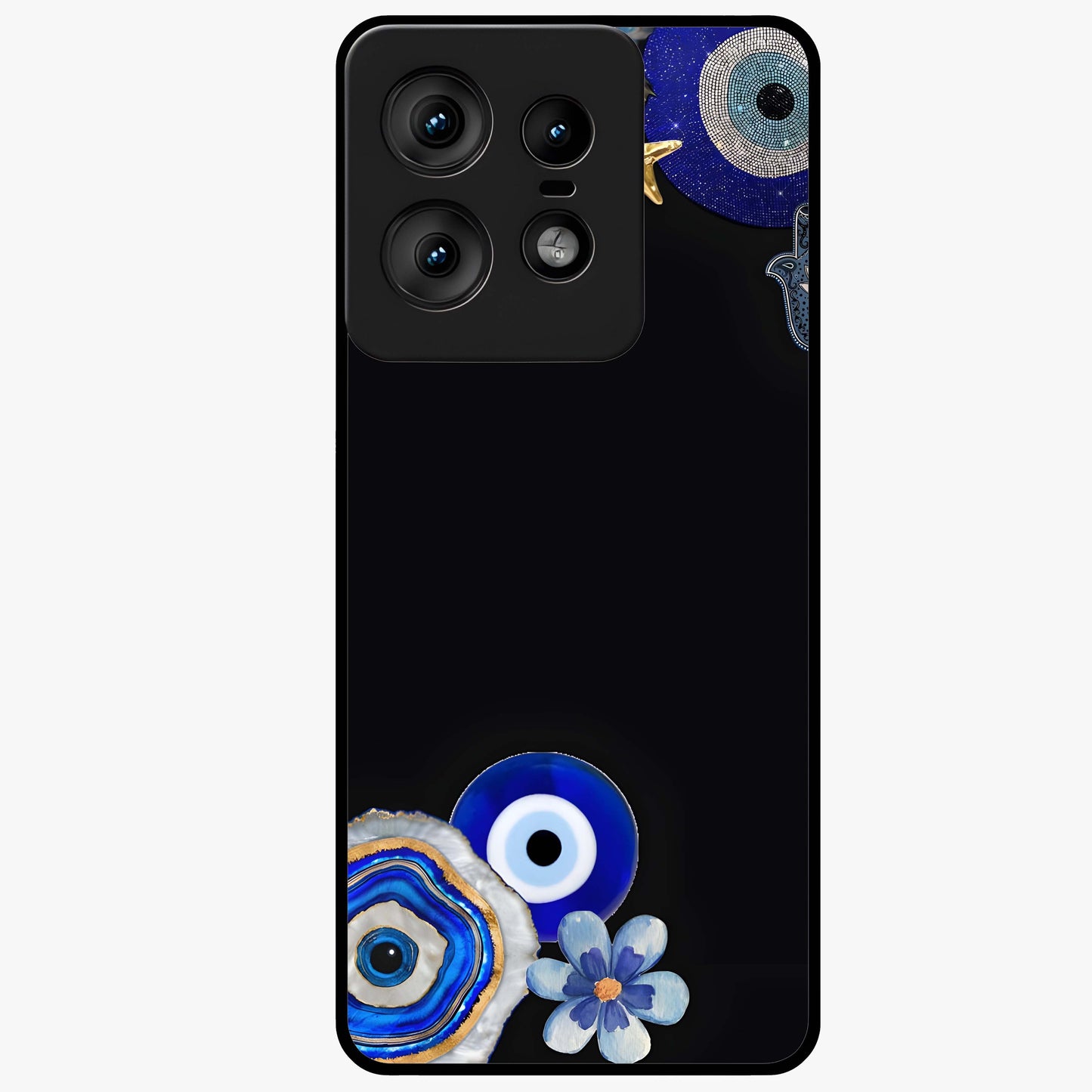 Aesthetic Blue Evil Eye Glass Case showing flat back view with protective evil eye artwork and glossy glass finish.