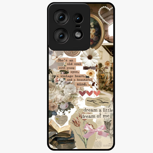 Aesthetic Brown Vintage Collage Glass Case showing flat back view with retro collage artwork and glossy glass finish.