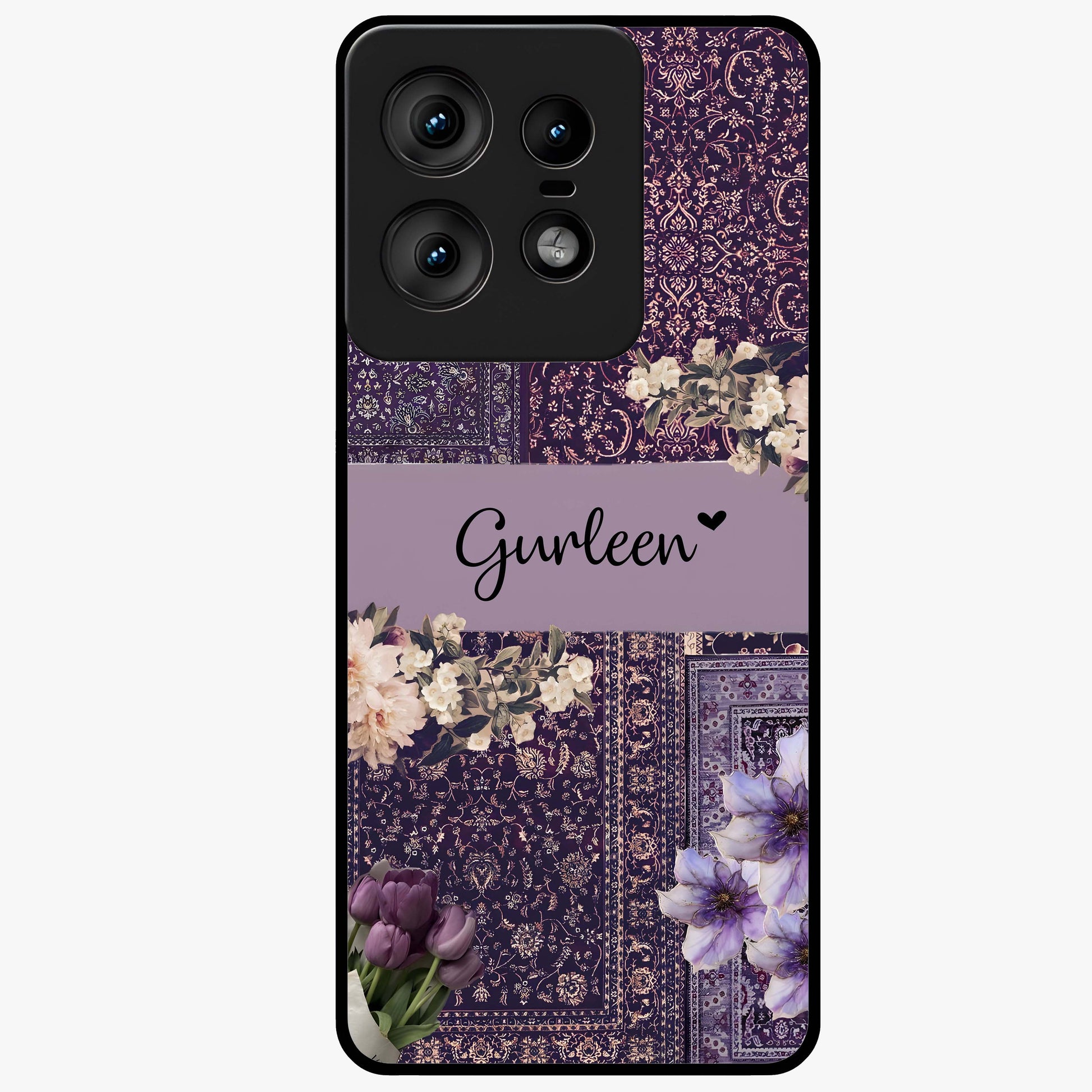 Antique Floral Whisper Custom Name Glass Case showing flat back view with vintage floral artwork and personalized name design.