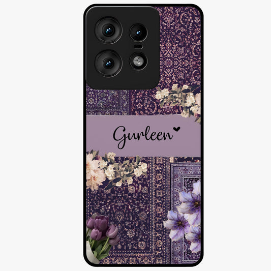 Antique Floral Whisper Custom Name Glass Case showing flat back view with vintage floral artwork and personalized name design.