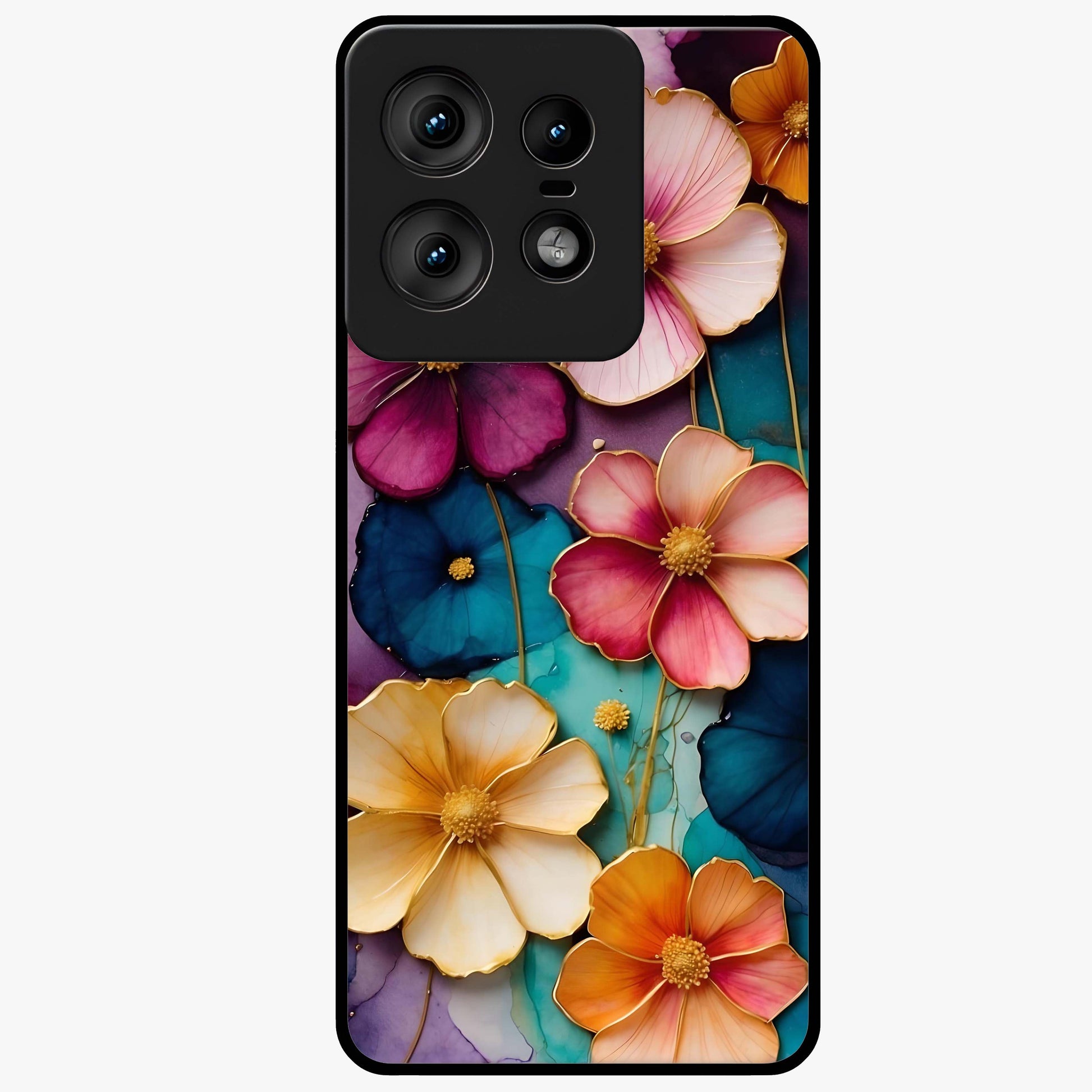 Artlyn Grace Flower Pattern Glass Case showing flat back view with elegant floral pattern artwork and glossy glass finish.
