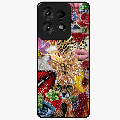 Beaded Fashion Jungle Glass Case showing flat back view with vibrant jungle inspired bead artwork and glossy glass finish.