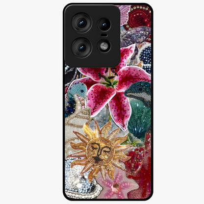 Beaded Garden Fantasy Glass Case showing flat back view with dreamy garden bead artwork and glossy glass finish.