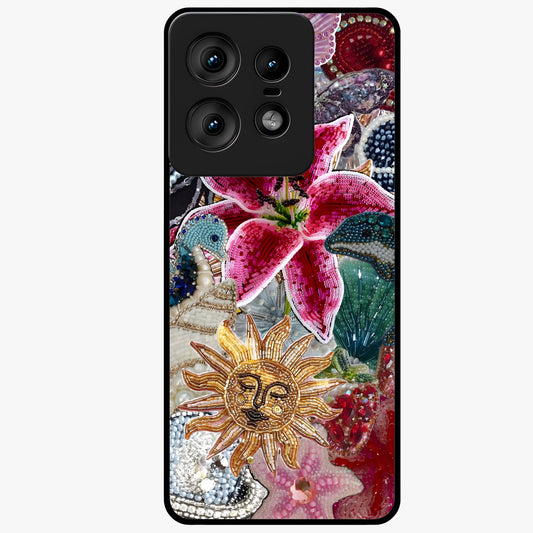 Beaded Garden Fantasy Glass Case showing flat back view with dreamy garden bead artwork and glossy glass finish.