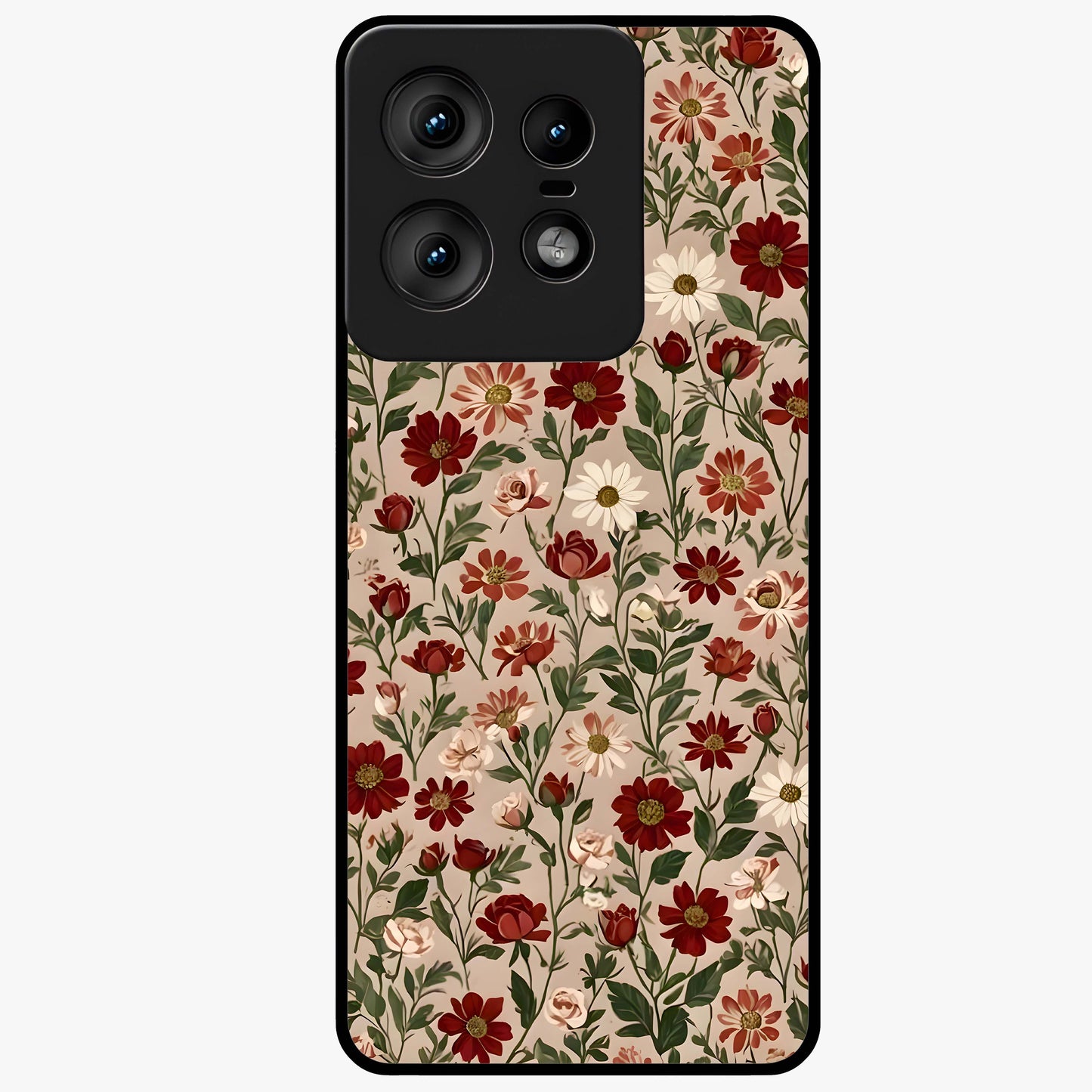 Biege Flower With Leaf Glass Case showing flat back view with soft beige floral artwork and glossy glass finish.