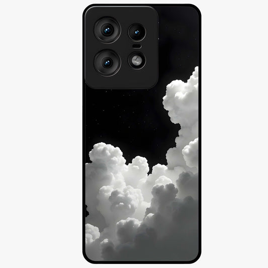 Black Background With White Cloud Glass Case showing flat back view with minimal cloud artwork on dark background and glossy glass finish.