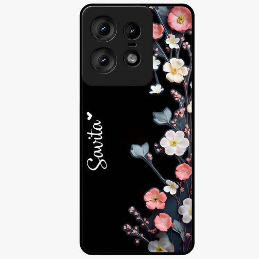 Black Elegance Floral Custom Name Glass Case showing flat back view with elegant floral artwork and personalized name design.