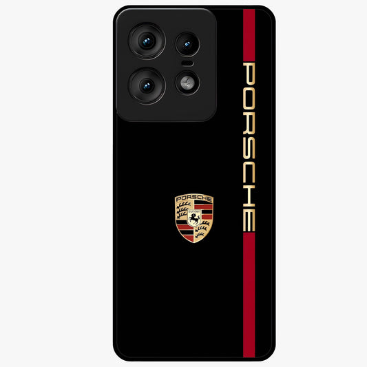 Black Minimal Porsche Glass Case showing flat back view with sleek minimal sports car artwork and glossy glass finish.