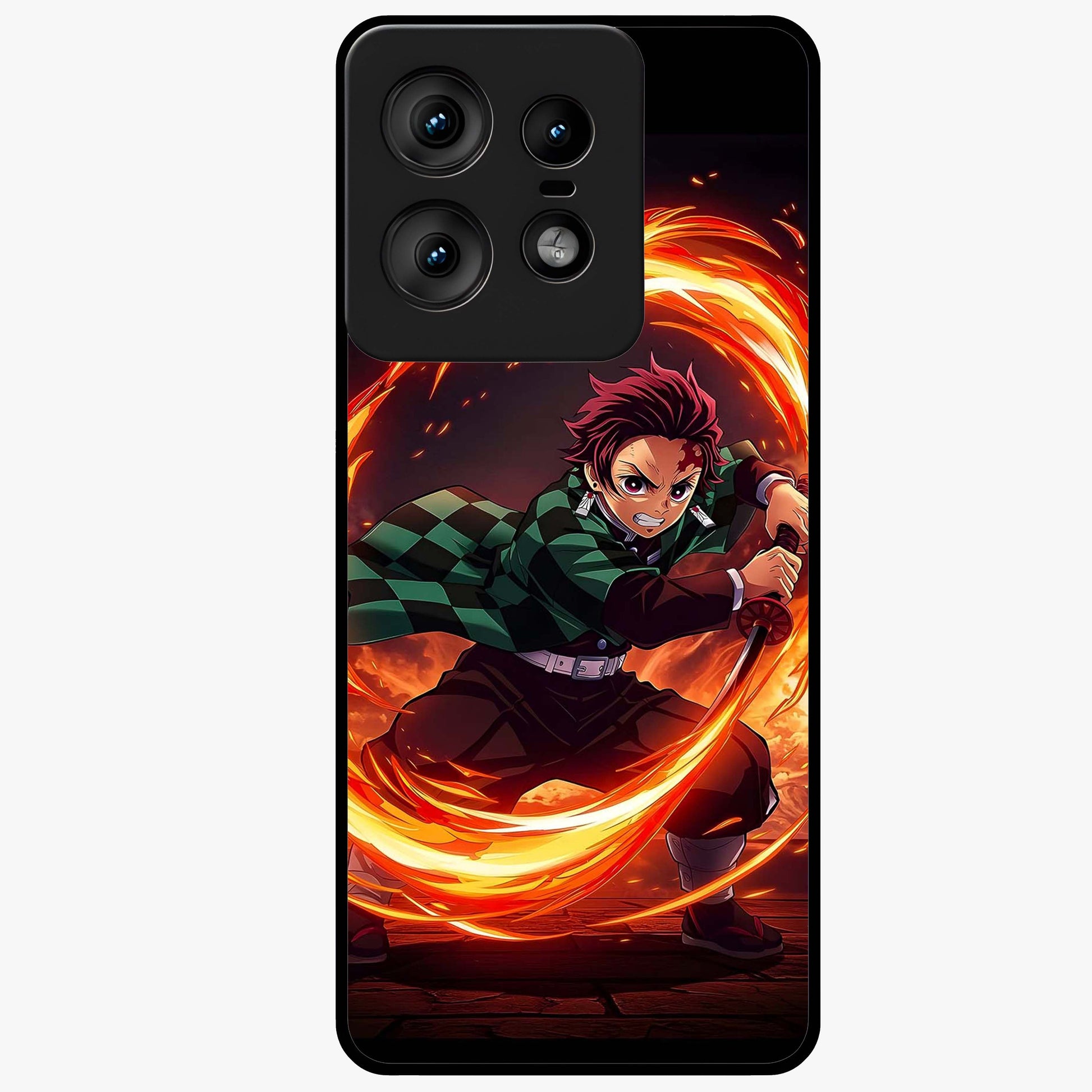 Blazing Sword Resolve Glass Case showing flat back view with fiery sword artwork and glossy glass finish.
