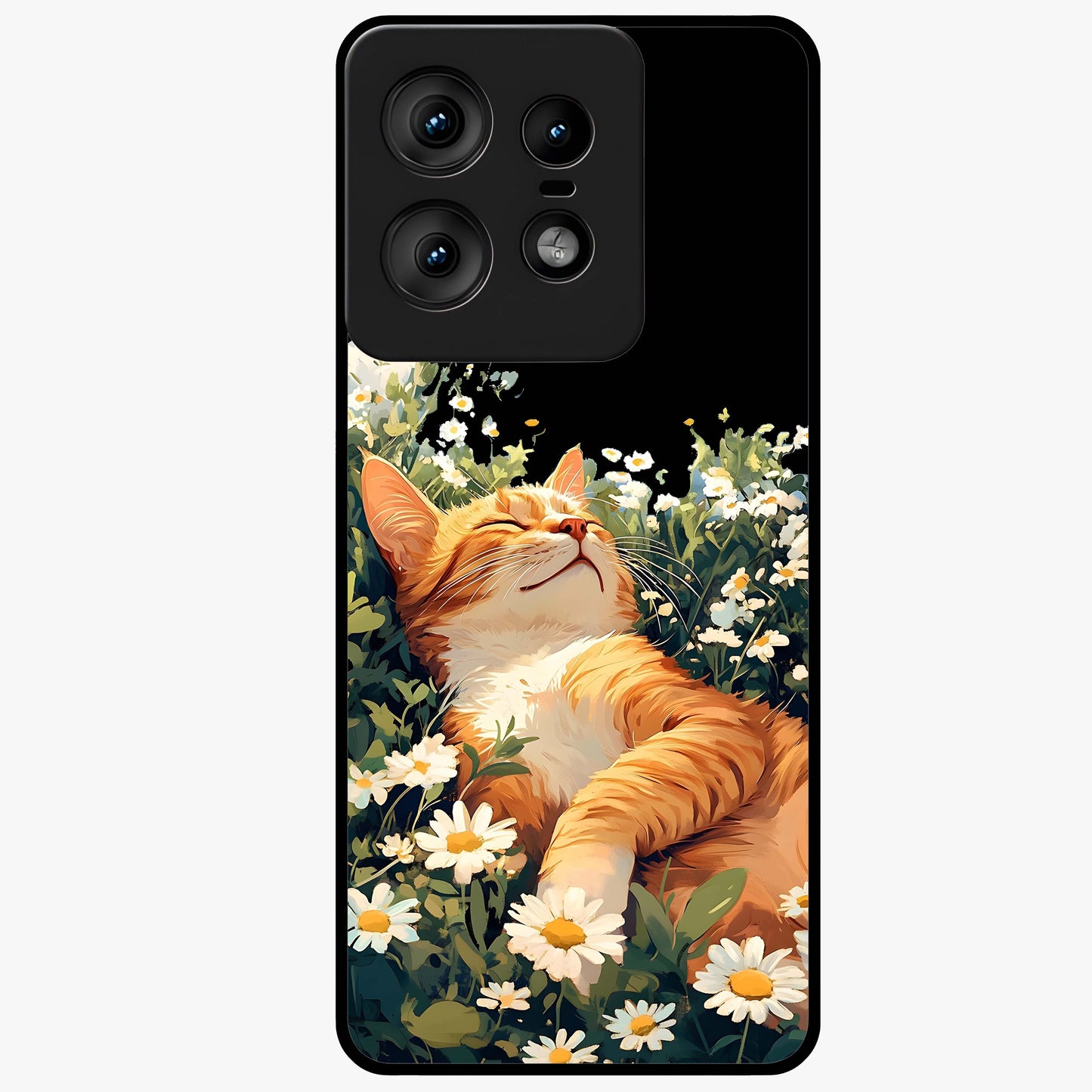 Blissful Bloom Cat Glass Case showing flat back view with cute cat and floral bloom artwork and glossy glass finish.