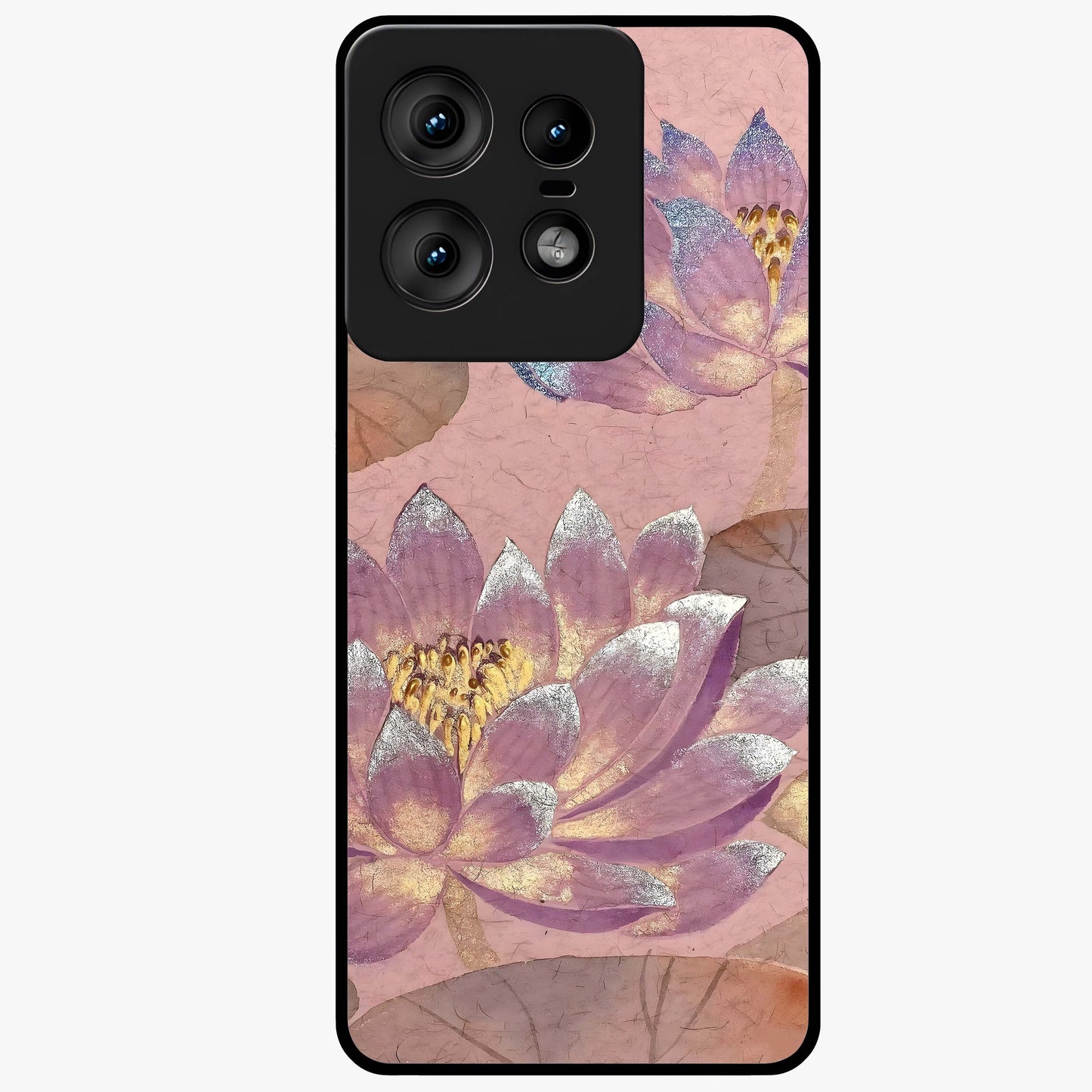 Blossom Mist Lotus Glass Case showing flat back view with serene lotus blossom artwork and glossy glass finish.