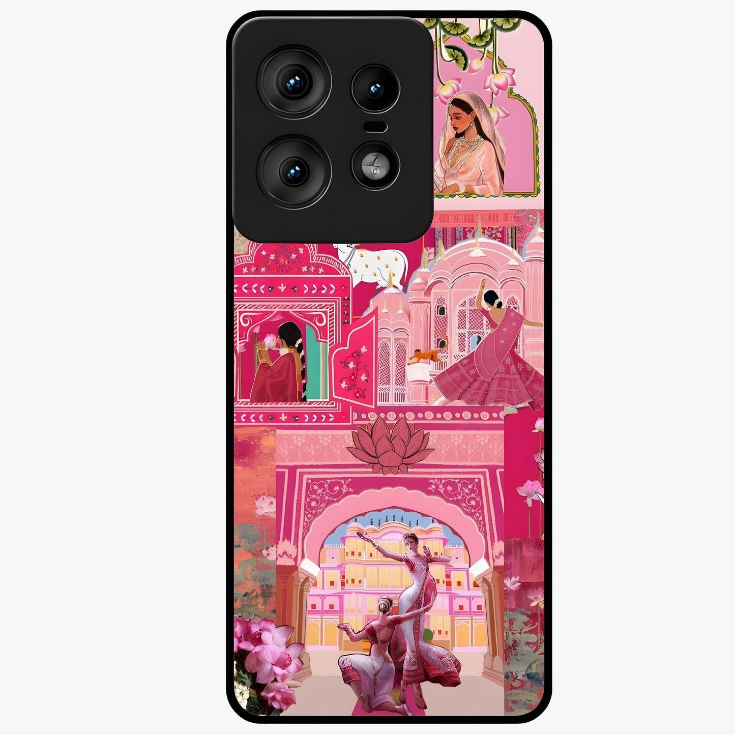 Blossoms of Rajasthan Glass Case showing flat back view with traditional floral artwork inspired by Rajasthan and glossy glass finish.