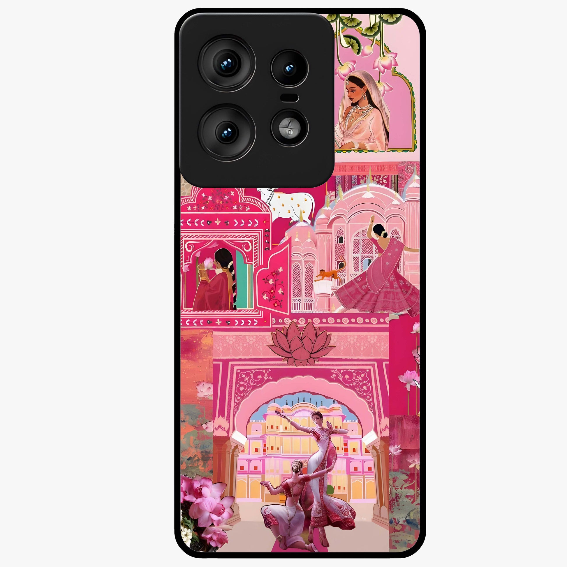 Blossoms of Rajasthan Glass Case showing flat back view with traditional floral artwork inspired by Rajasthan and glossy glass finish.