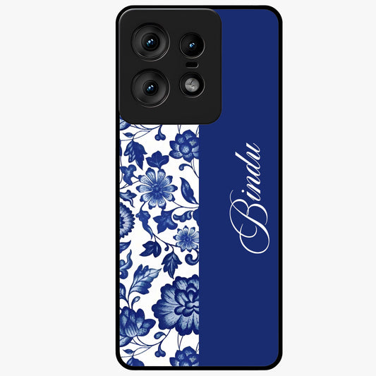 Blue Vintage Floral Pattern Glass Case upright view showcasing timeless floral illustration with vintage inspired style.