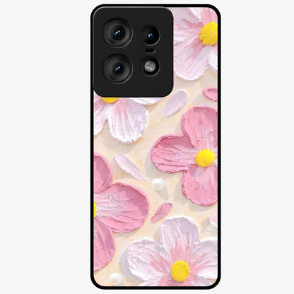 Blush Bloom Texture Glass Case showing flat back view with soft blush floral texture artwork and glossy glass finish.