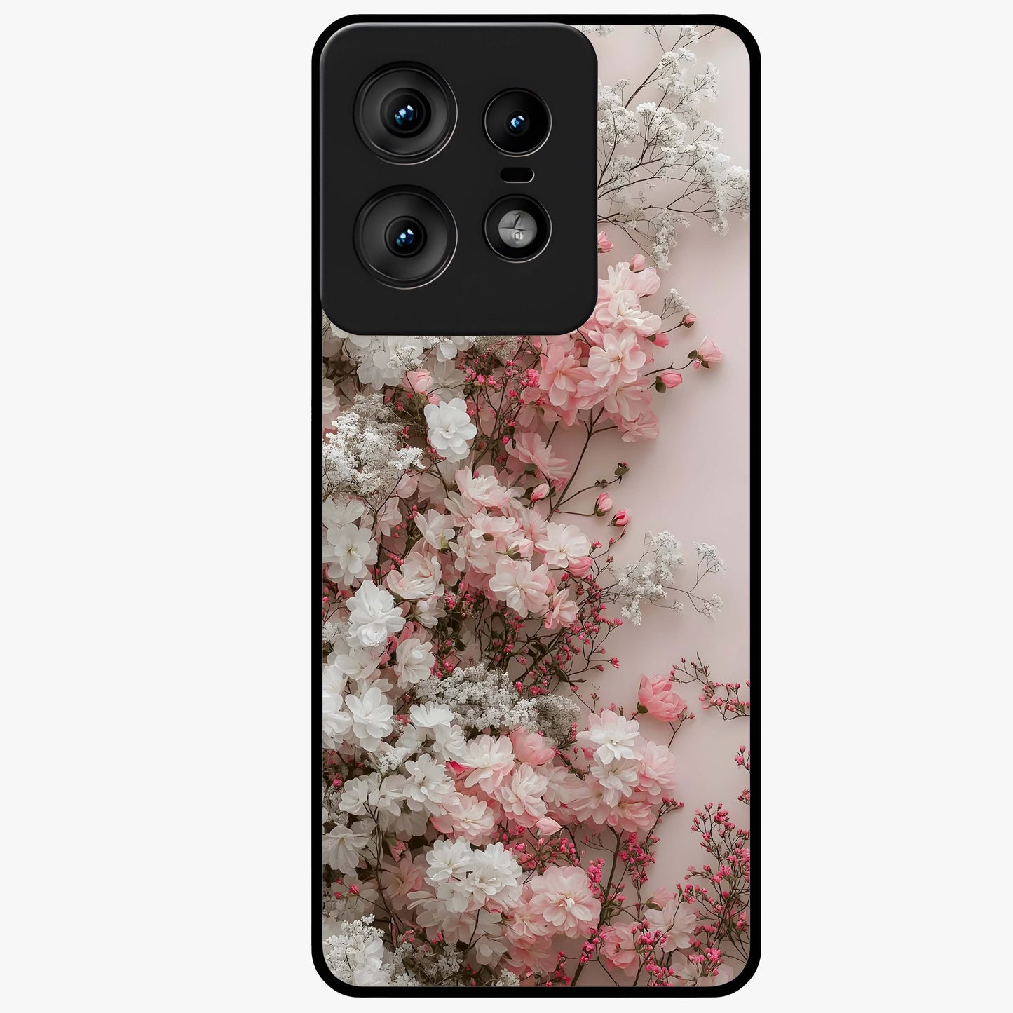 Blush Blossom Cloud Glass Case showing flat back view with dreamy blush cloud blossom artwork and glossy glass finish.