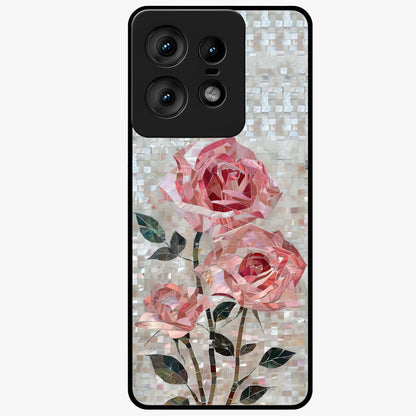 Blush Mosaic Bloom Glass Case showing flat back view with mosaic floral bloom artwork and glossy glass finish.