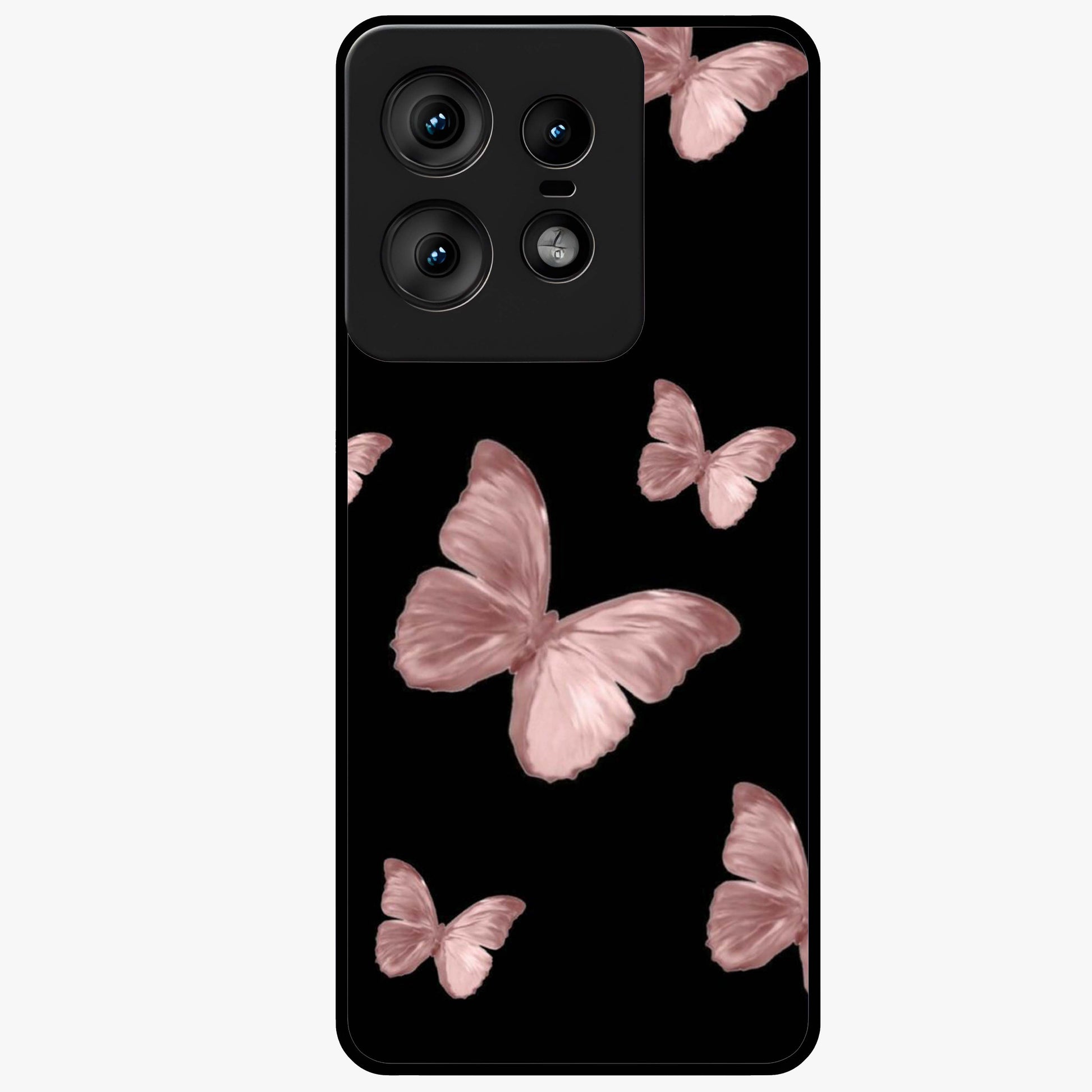 Butterfly Pattern Glass Case showing flat back view with elegant butterfly pattern artwork and glossy glass finish.