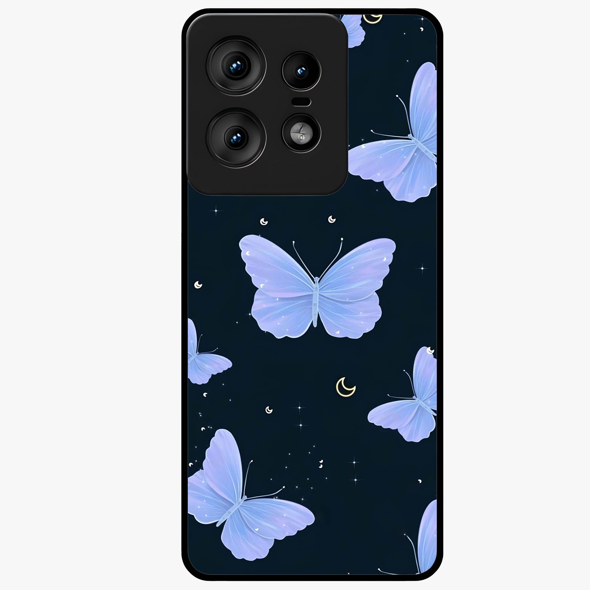 Butterfly With Stars Pattern Glass Case showing flat back view with butterfly and star pattern artwork and glossy glass finish.