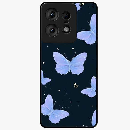 Butterfly With Stars Pattern Glass Case showing flat back view with butterfly and star pattern artwork and glossy glass finish.