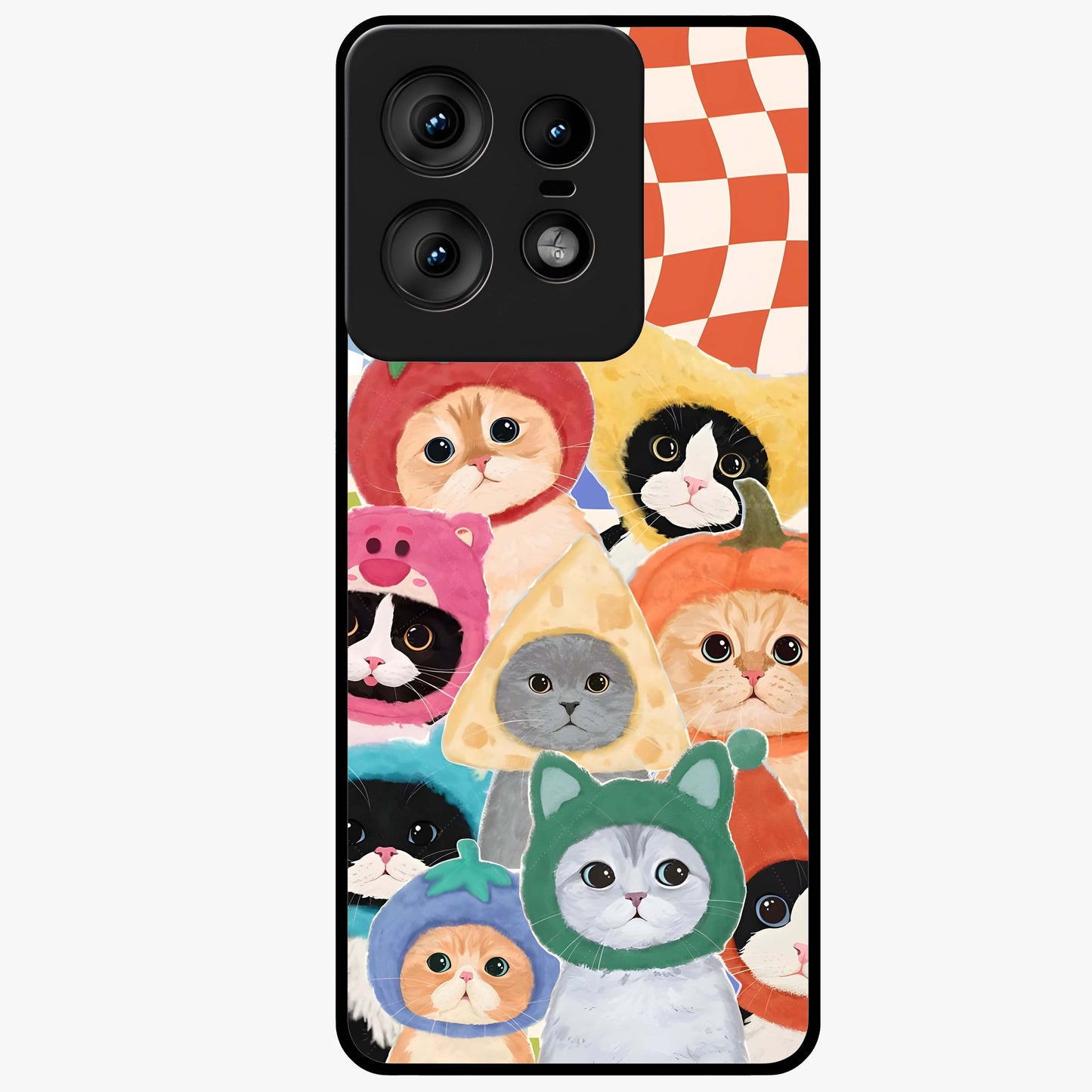 Cats in Fruits Glass Case showing flat back view with playful cat illustrations inside fruit artwork and glossy glass finish.