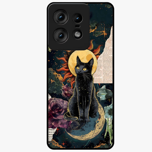 Celestial Black Cat Glass Case showing flat back view with mystical black cat artwork and glossy glass finish.