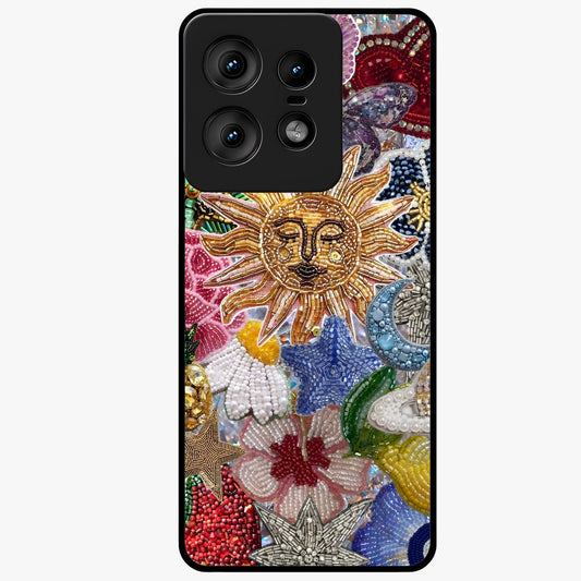 Celestial Floral and Playful Glass Case showing flat back view with floral and celestial themed artwork and glossy glass finish.