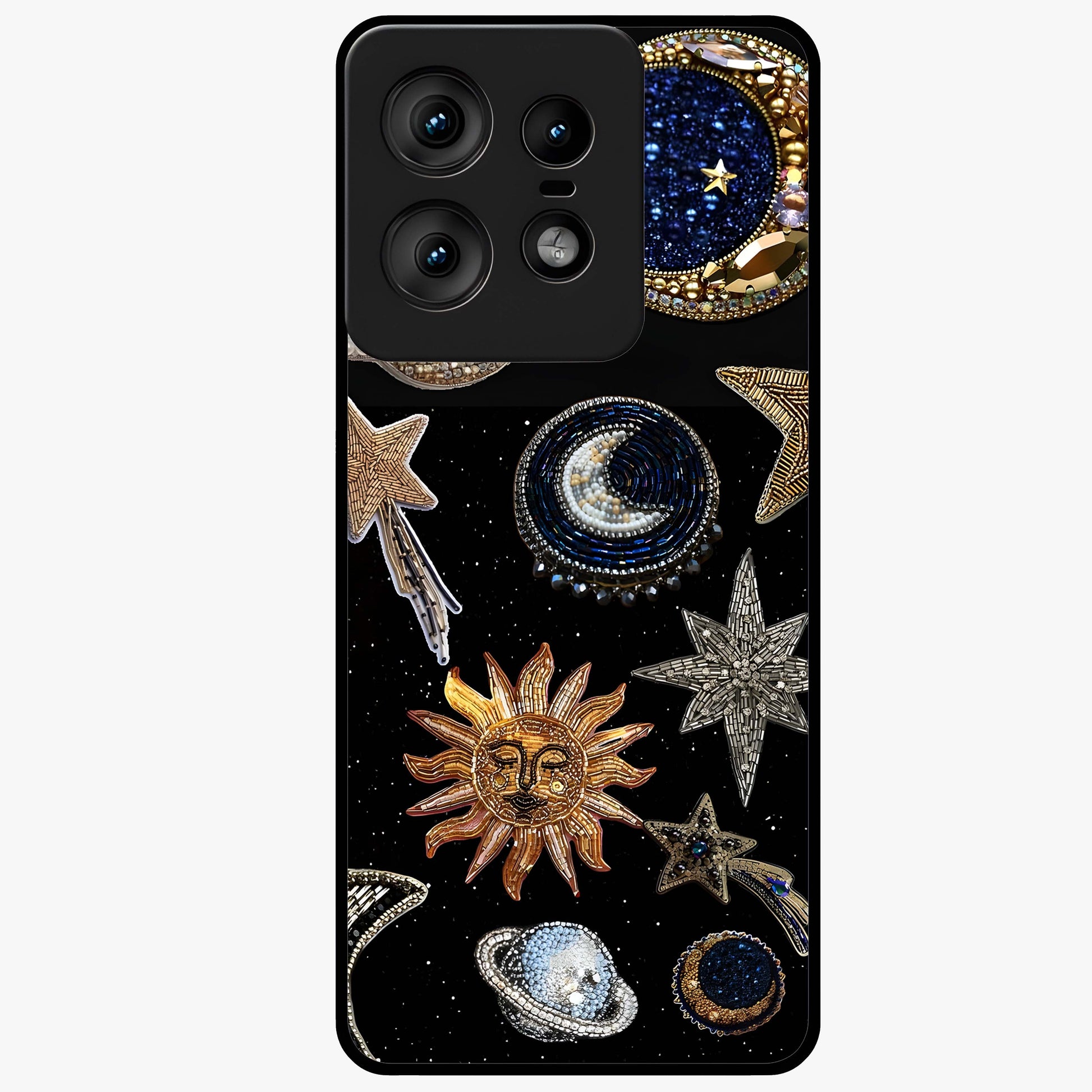 Celestial Gem Constellations Glass Case showing flat back view with sparkling constellation artwork and glossy glass finish.
