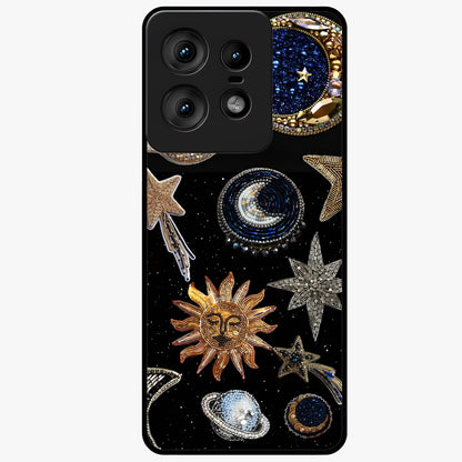 Celestial Gem Constellations Glass Case showing flat back view with sparkling constellation artwork and glossy glass finish.