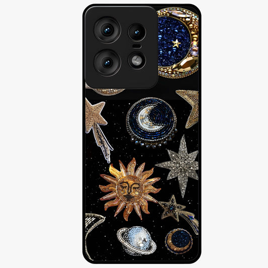 Celestial Gem Constellations Glass Case showing flat back view with sparkling constellation artwork and glossy glass finish.