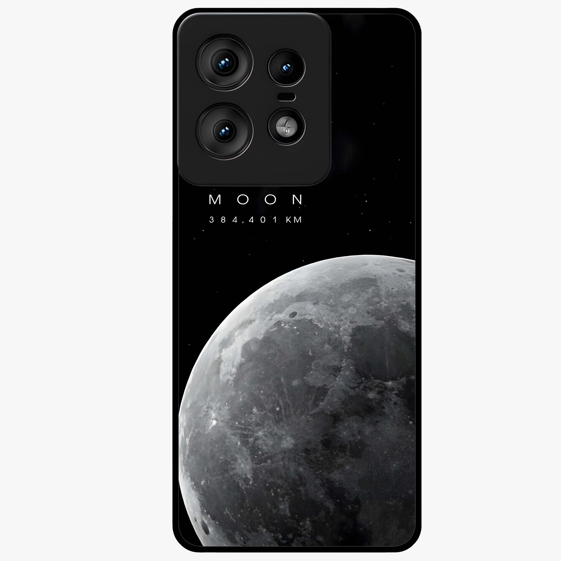 Cosmic Moon Glow Glass Case showing flat back view with glowing moon artwork and glossy glass finish.
