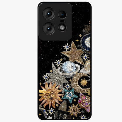 Cosmic Sparkle Dreams Glass Case showing flat back view with sparkling cosmic artwork and glossy glass finish.