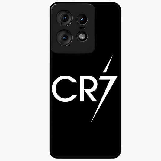 Cr7 Elite Strike Glass Case showing flat back view with dynamic football inspired artwork and glossy glass finish.