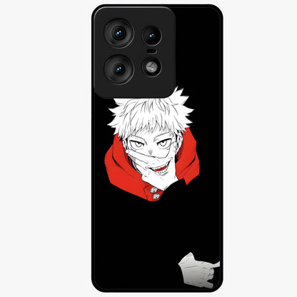 Crimson Chaos Smile Glass Case showing flat back view with bold chaotic smile artwork and glossy glass finish.
